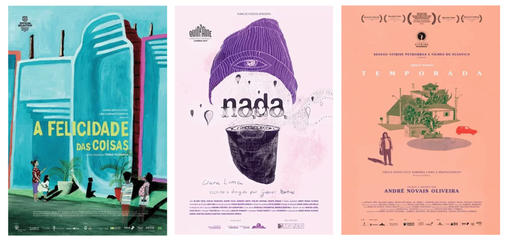 são exibidos 3 cartazes da produtora audiovisual Filmes de Plastico representando o projeto corporativo elaborado pela mobio arquitetura