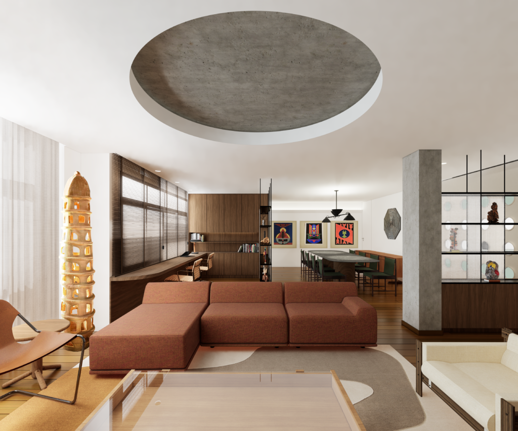 render da sala da reforma do apartamento de alto padrão