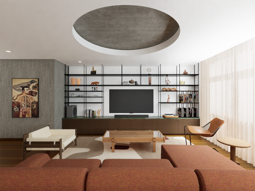 render da sala da reforma do apartamento de alto padrão